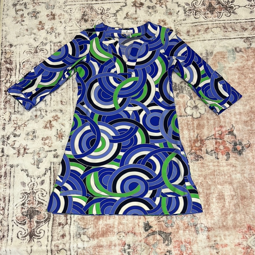 Jude Connally, size small, Vibrant Blue and Green Patterned Dress, 3/4” sleeves